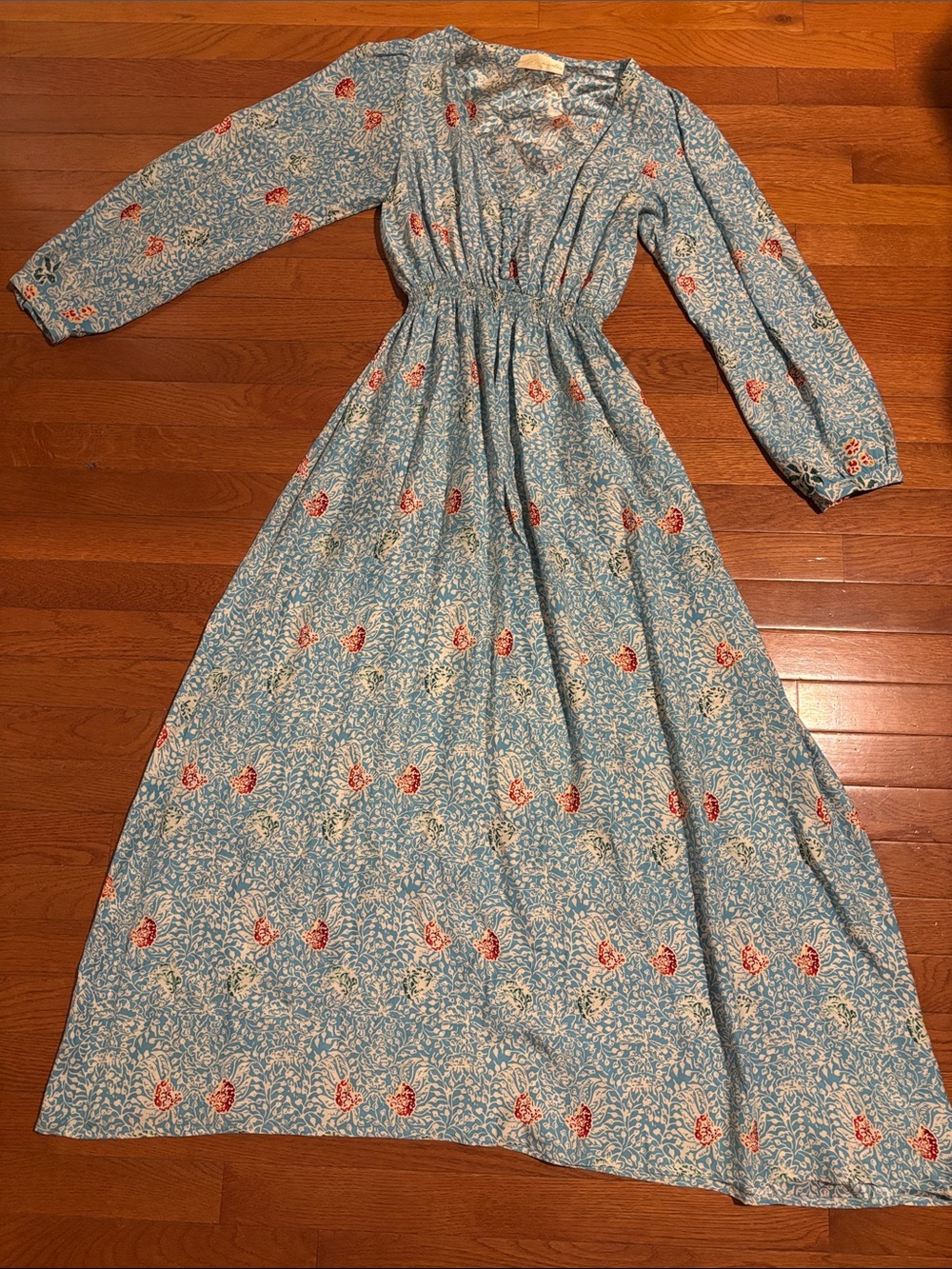 Natalie Martin silk Blue Floral Maxi Dress with Red Accents